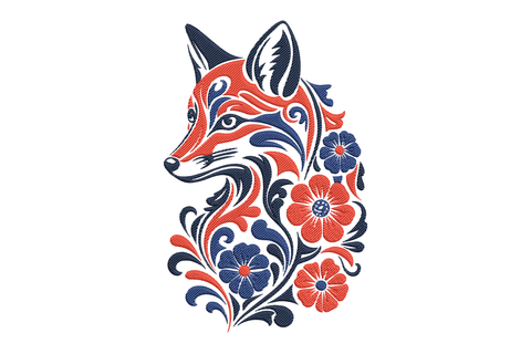 Decorative fox design with floral elements in red and blue embroidery design