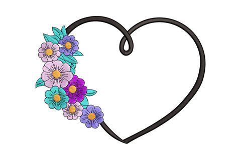 Floral heart embroidery with black outline and pansy cluster blooming on left side in powder blue aqua pink and purple, modern asymmetric wreath style