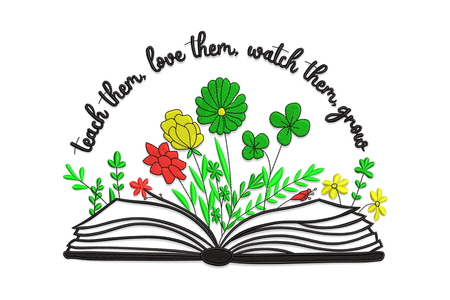 Floral open book embroidery design with wildflowers including red poppies and yellow daisies growing from pages, arching script quote above.