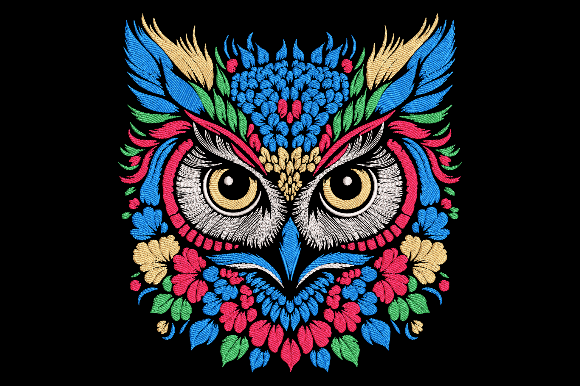 Floral owl embroidery design, folk-art owl face built from blue feather-petals, hot pink eyebrows, gold eyes and red hibiscus flowers on black background.