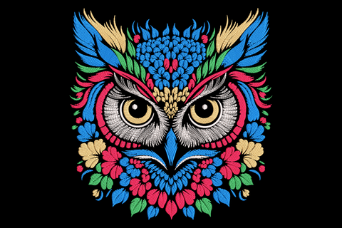 Floral owl embroidery design, folk-art owl face built from blue feather-petals, hot pink eyebrows, gold eyes and red hibiscus flowers on black background.