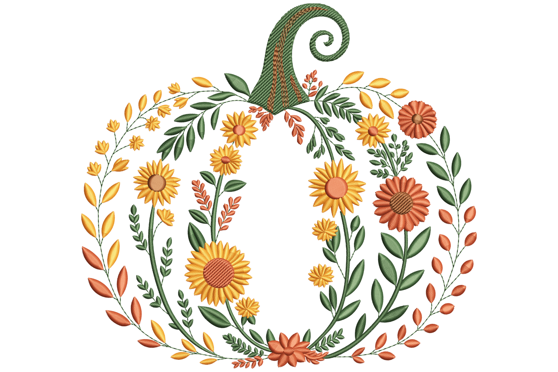 Floral pumpkin embroidery design, round pumpkin filled with botanical blooms and vines in warm orange green and dusty pink, 3.51 inches wide.