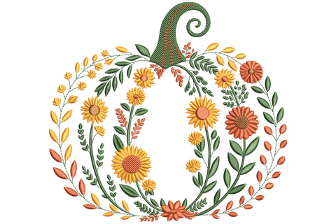 Floral pumpkin embroidery design, round pumpkin filled with botanical blooms and vines in warm orange green and dusty pink, 3.51 inches wide.