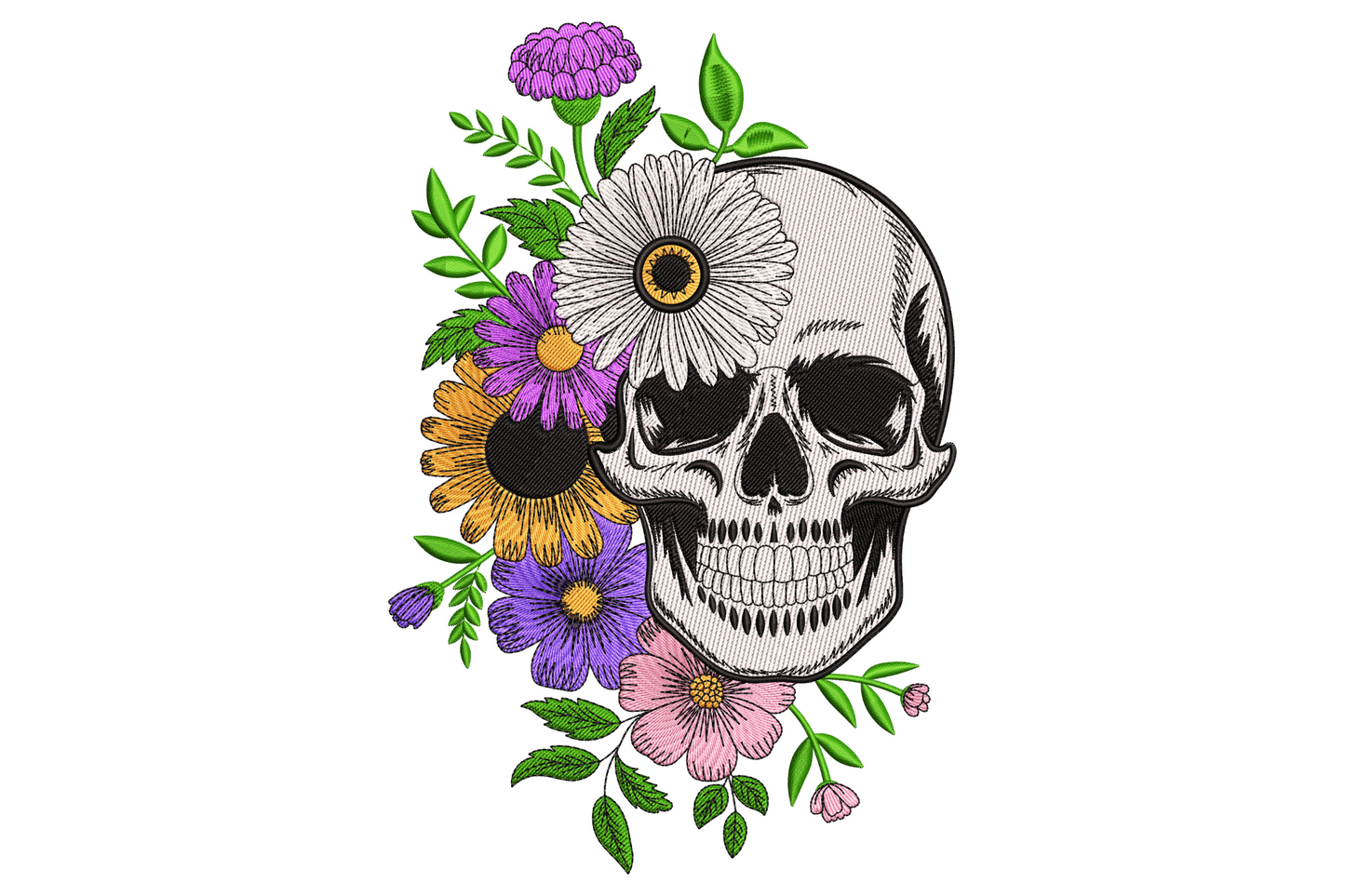 Floral skull embroidery design with roses and blooms growing from eye sockets day of the dead style, deep red green and cream palette on black, detailed machine embroidery.