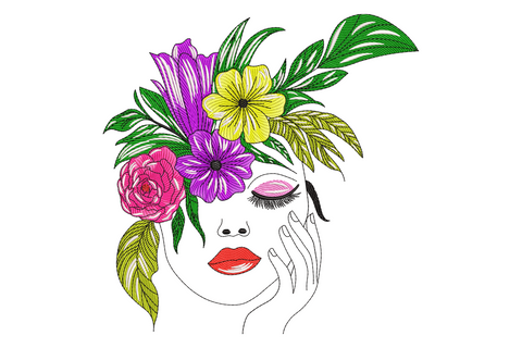 Floral woman face embroidery, portrait with closed eyes and pink lips, hair turning into red roses, white daisies and green leaves