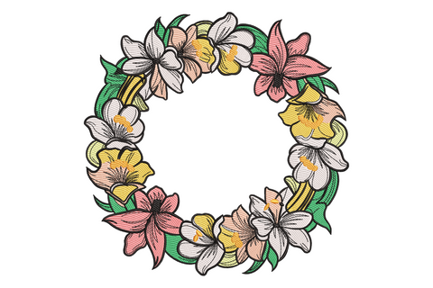Circular floral wreath embroidery with blush pink lilies and peony blooms, sage green leaves, fine botanical outline style.
