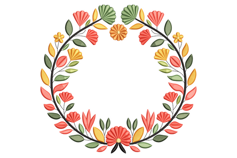 Botanical floral wreath embroidery design, circular arrangement of roses and leaf sprigs in coral pink sage green and cream, nine colour machine embroidery