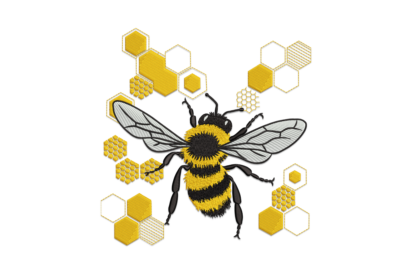 Fuzzy realistic bumble bee with detailed wings surrounded by scattered golden honeycomb hexagons, naturalist beekeeper embroidery design