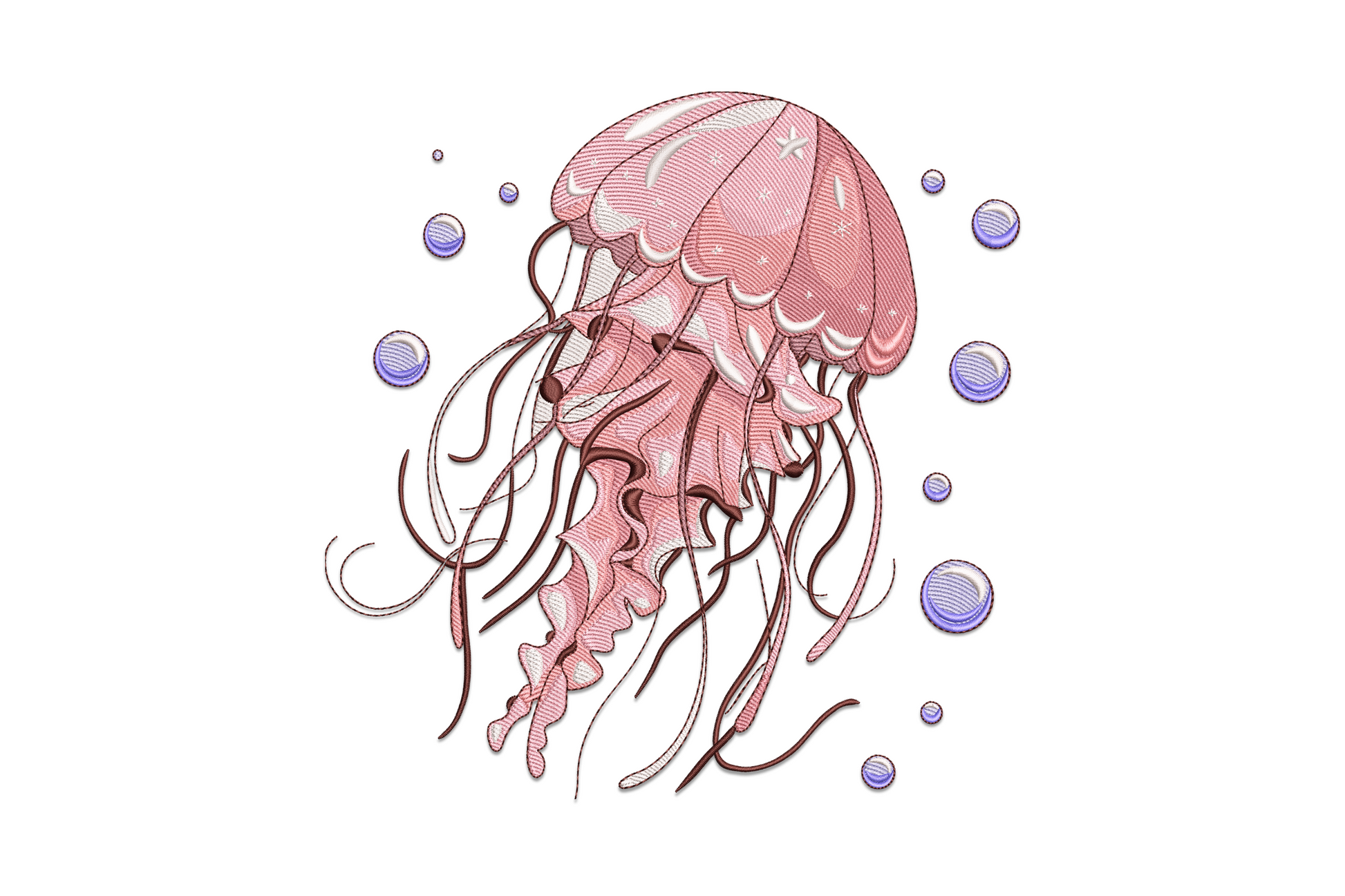 Pink jellyfish embroidery with layered bell dome, wavy trailing tentacles, and a curved string of blue bubbles drifting upward