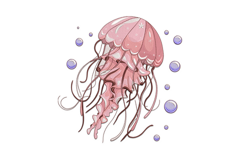 Pink jellyfish embroidery with layered bell dome, wavy trailing tentacles, and a curved string of blue bubbles drifting upward