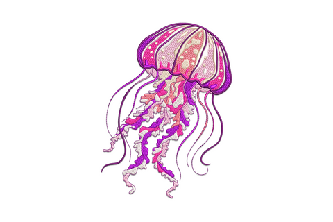 Realistic floating jellyfish embroidery with striped pink peach bell long ruffled tentacles dark plum outlines, marine ocean design