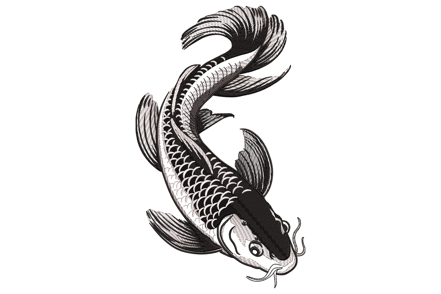 Koi fish embroidery design in engraving style, detailed scale rows and crosshatched fins, monochrome black and grey on white background.