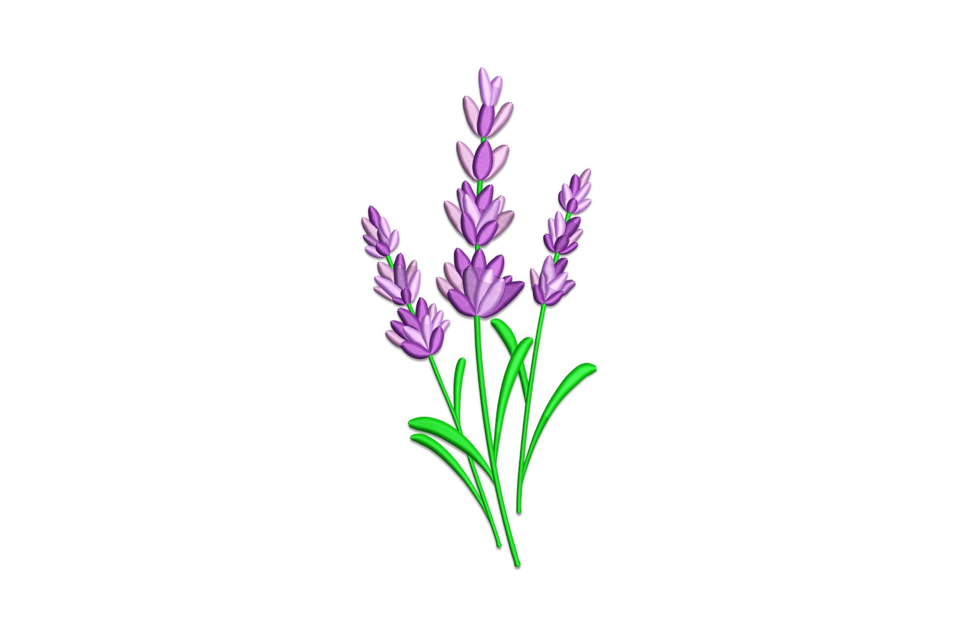 Botanical lavender sprig embroidery design with small flower clusters and grey-green leaves on natural linen fabric in pale purple thread