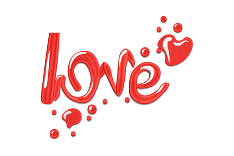 Bold chunky red cursive love embroidery in a puffy inflated style with scattered dots and a small heart cluster upper right.