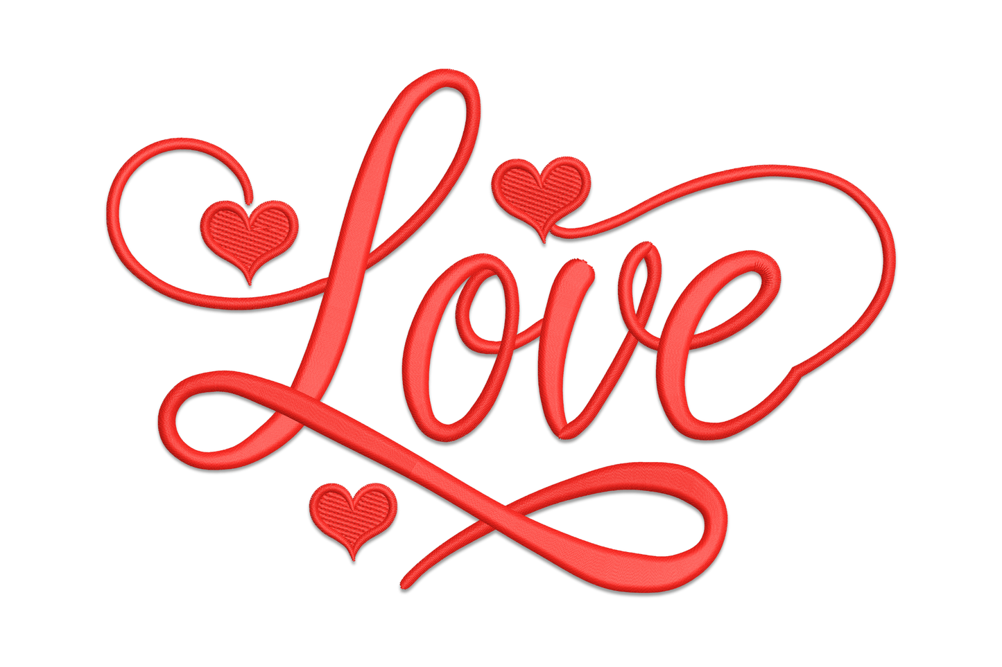 Love script embroidery design, flowing brush-script cursive lettering with swooping L lead-in and small curl on the e, single colour