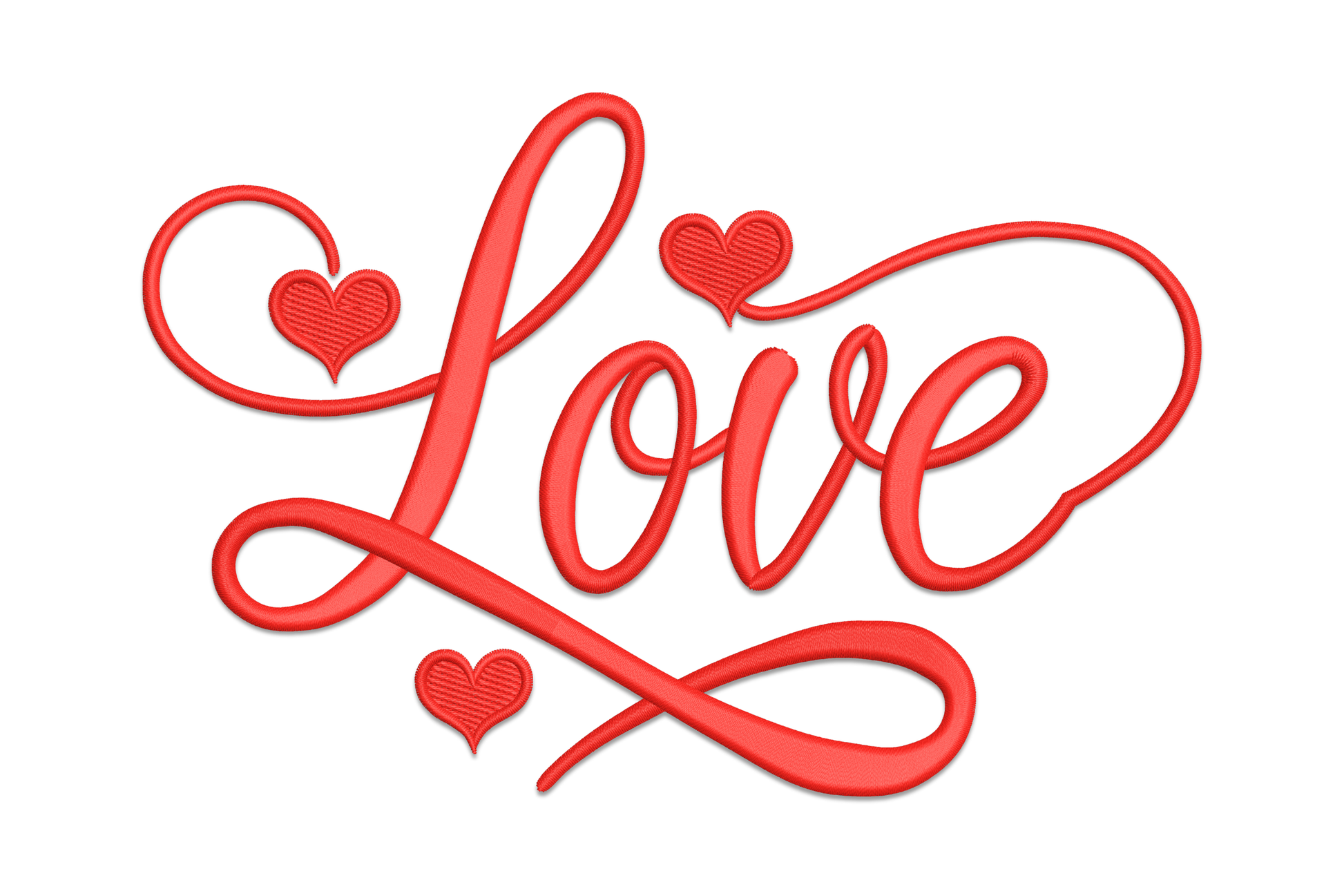 Love script embroidery design, flowing brush-script cursive lettering with swooping L lead-in and small curl on the e, single colour