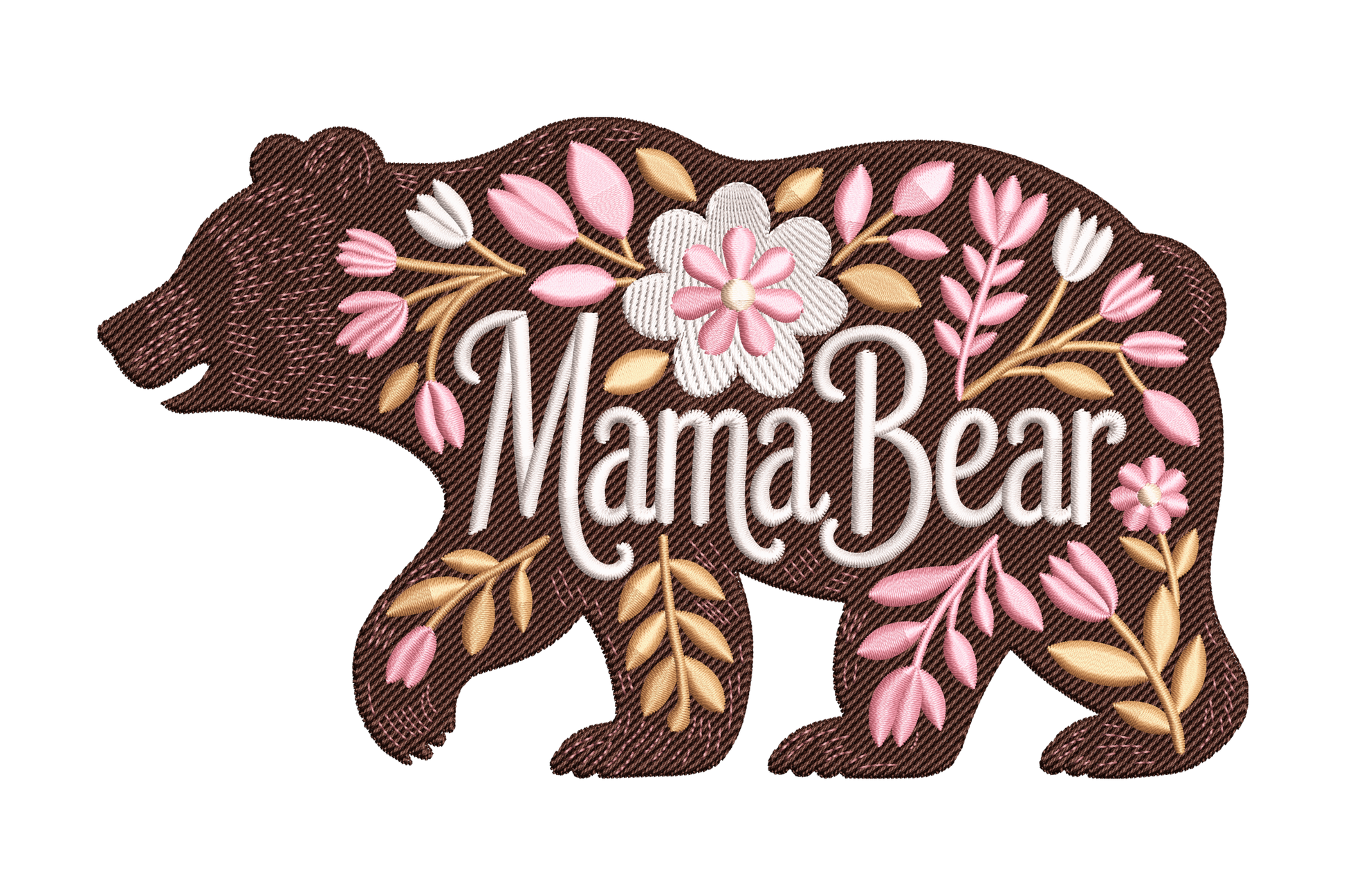 Decorative patch with 'Mama Bear' text and floral design embroidery design