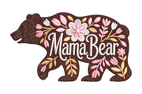 Decorative patch with 'Mama Bear' text and floral design embroidery design