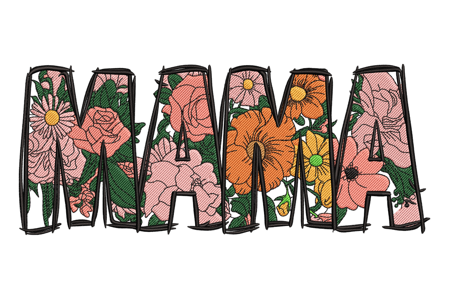 Mama floral embroidery design with flowing script lettering surrounded by roses and leaves, eight warm colours including pink and sage green.