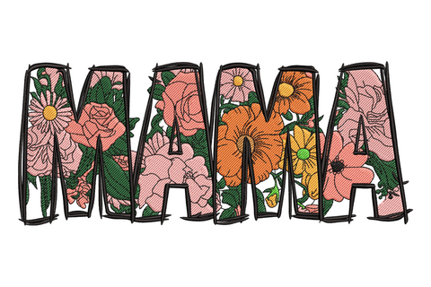 Mama floral embroidery design with flowing script lettering surrounded by roses and leaves, eight warm colours including pink and sage green.