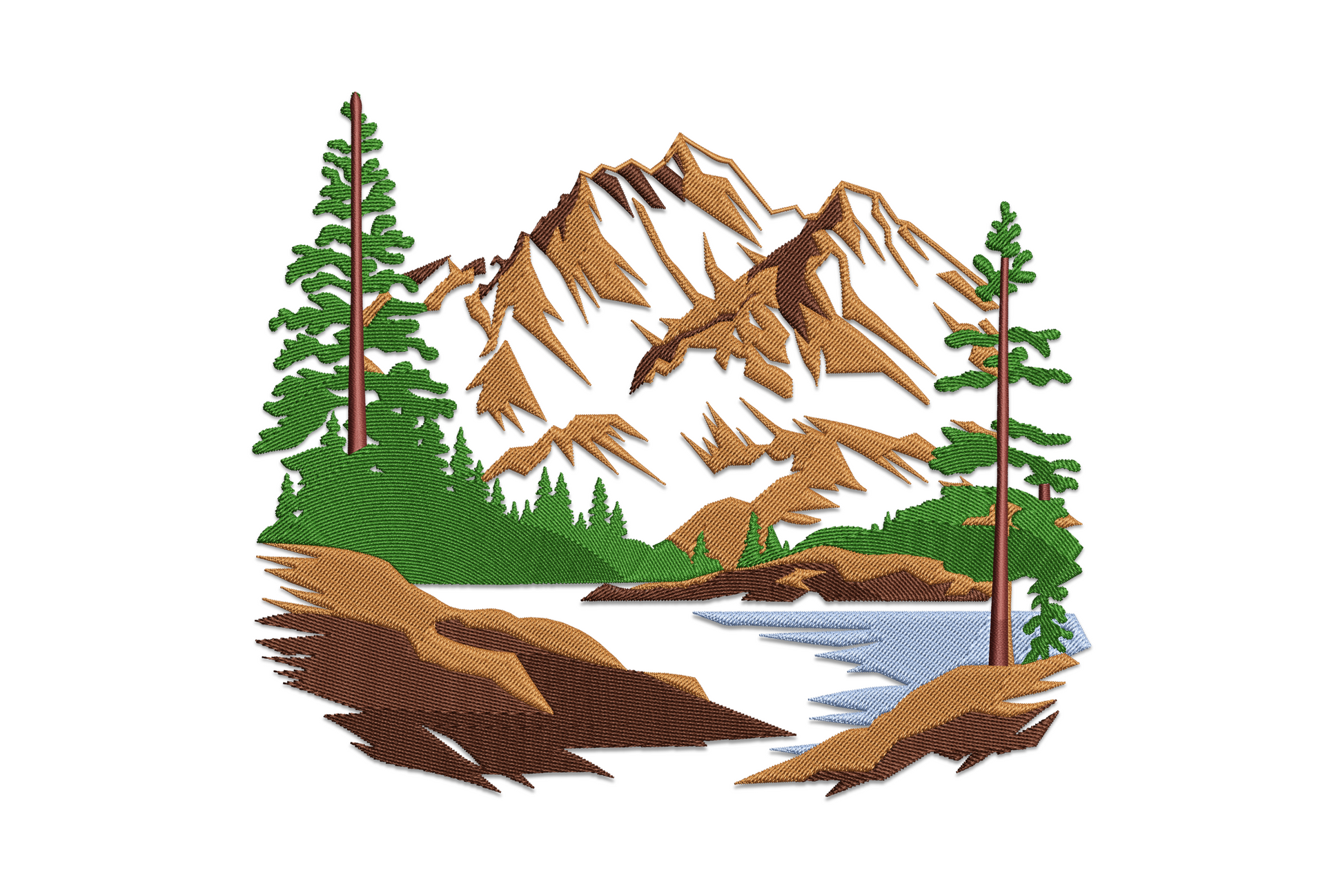 Layered mountain landscape embroidery design with slate blue peaks, snow cap, dark evergreen pine forest foreground, amber sky background, horizontal postcard composition in five colours.