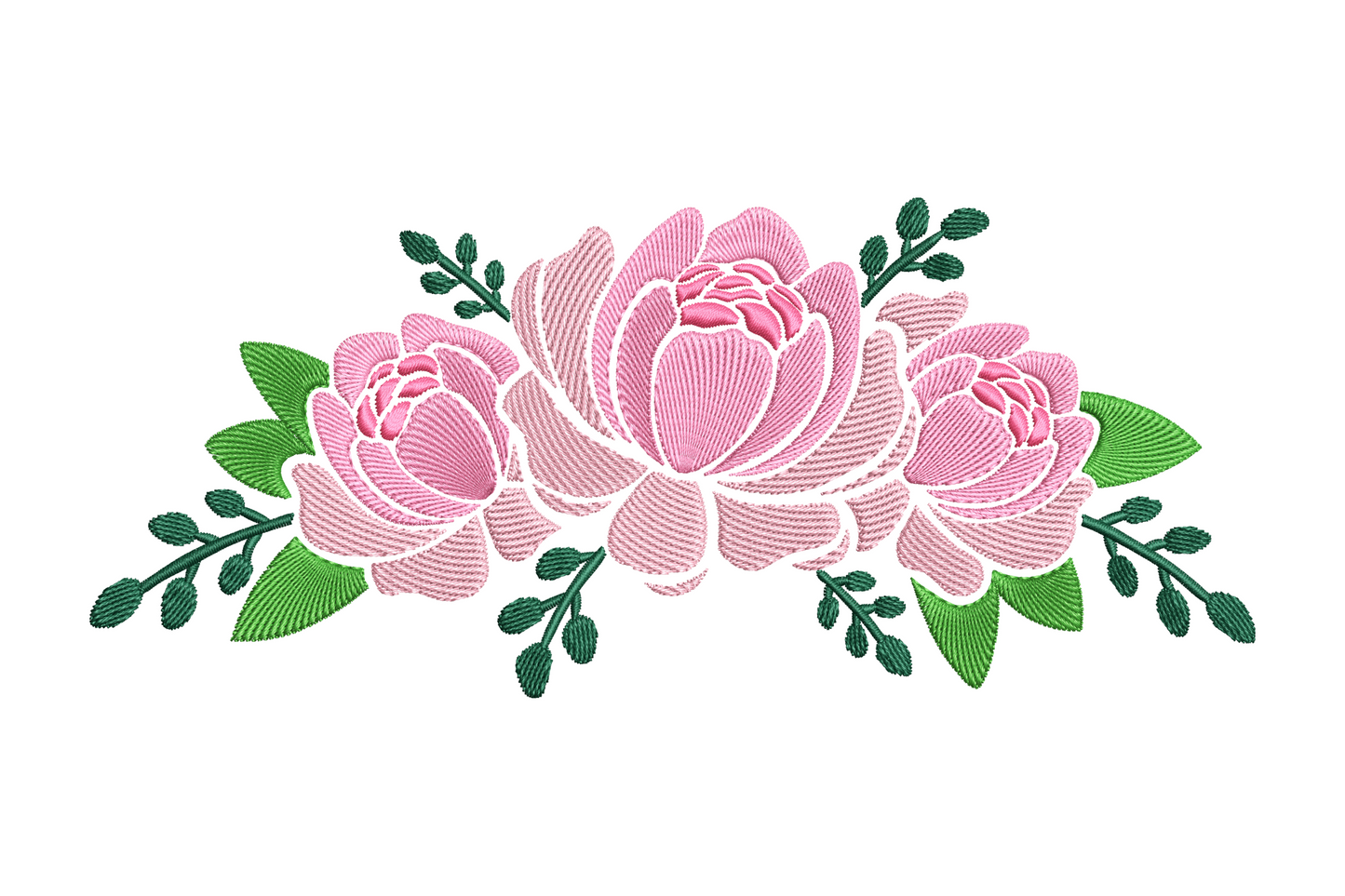 Peony flower embroidery design, three-bloom pink spray with green leaves, machine embroidery pattern