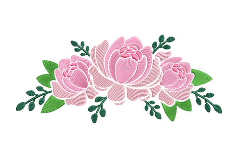 Peony flower embroidery design, three-bloom pink spray with green leaves, machine embroidery pattern