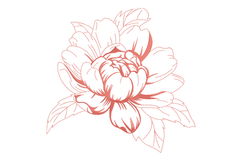 Peony flower embroidery design in classic redwork outline style, coral red thread on white, layered petals and botanical leaves.