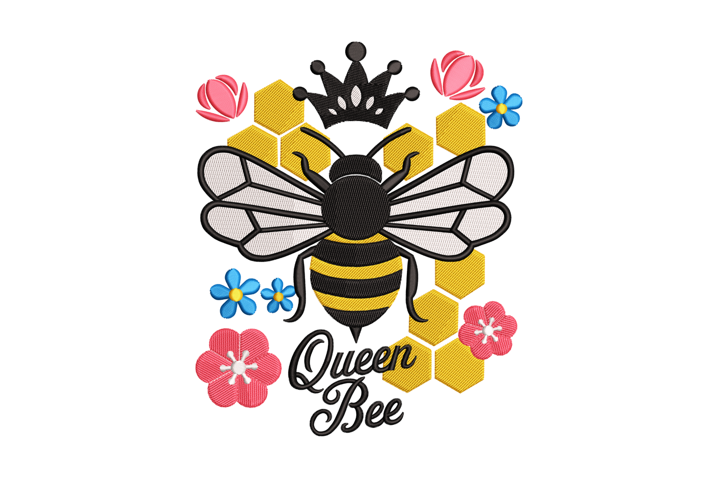 Illustration of a bee with flowers and 'Queen Bee' text embroidery design