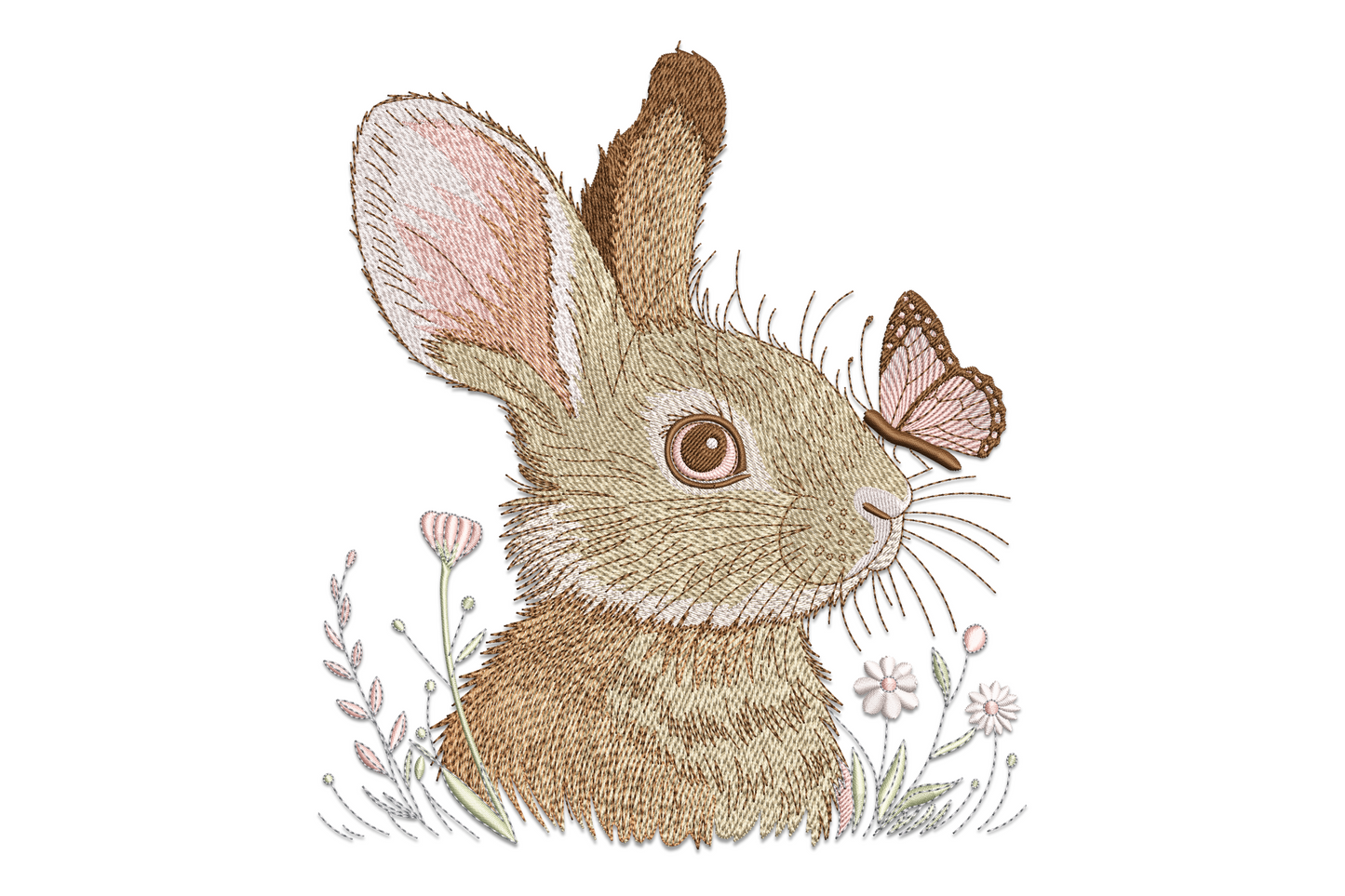 Realistic bunny portrait embroidery facing left with both ears upright, directional fur stitching in chamois and warm brown, tiny butterfly near ear, machine embroidery design on white background