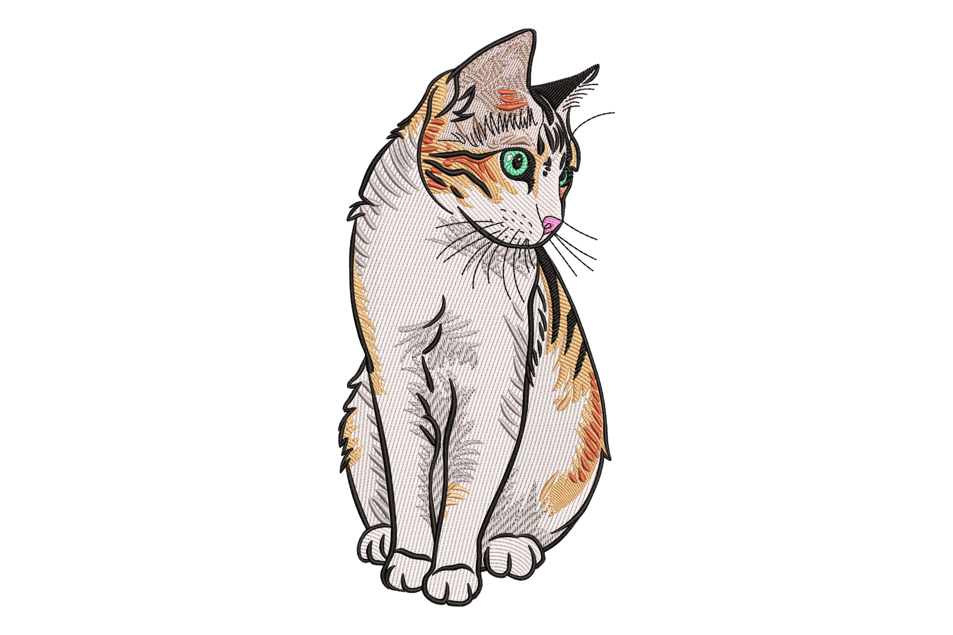 Realistic calico sitting cat embroidery, vivid green eyes, orange patches on cream body, directional satin fur stitching.