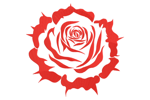 Single-color bold red rose embroidery in woodcut etching style with jagged serrated petal edges and layered directional stitch fills showing white gap texture.