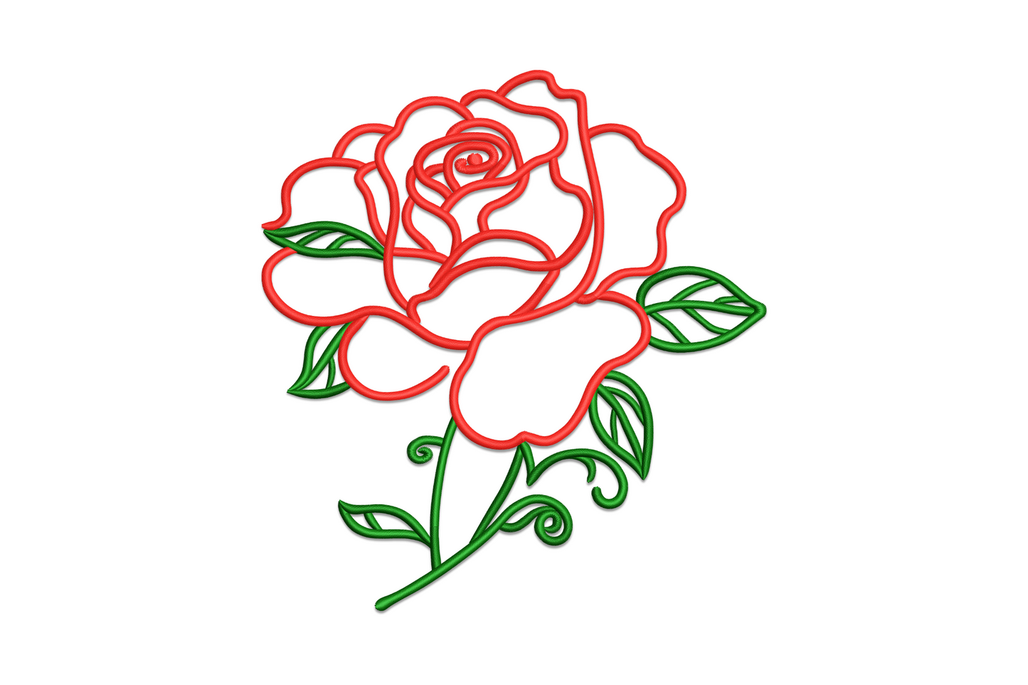 Rose outline embroidery design, single botanical rose with open bloom, petals and leaf veining in clean satin column line art