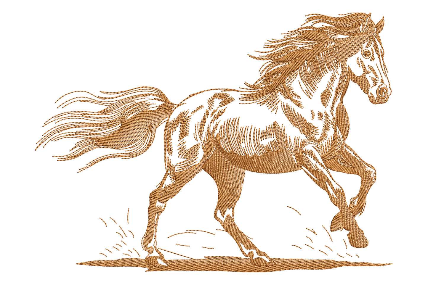 Running horse embroidery design in golden tan engraving style with directional stitching, flowing mane and tail mid-gallop.