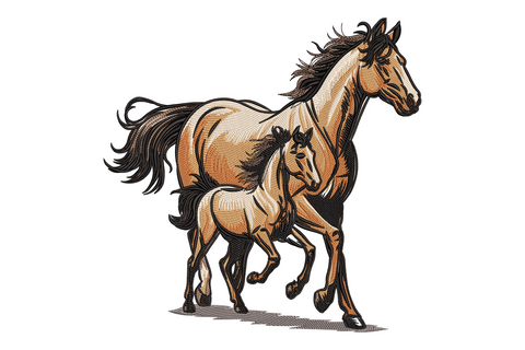 Running horses embroidery design with chestnut brown galloping horses, flowing white manes and tails, charcoal hooves, dynamic motion pose on white background.