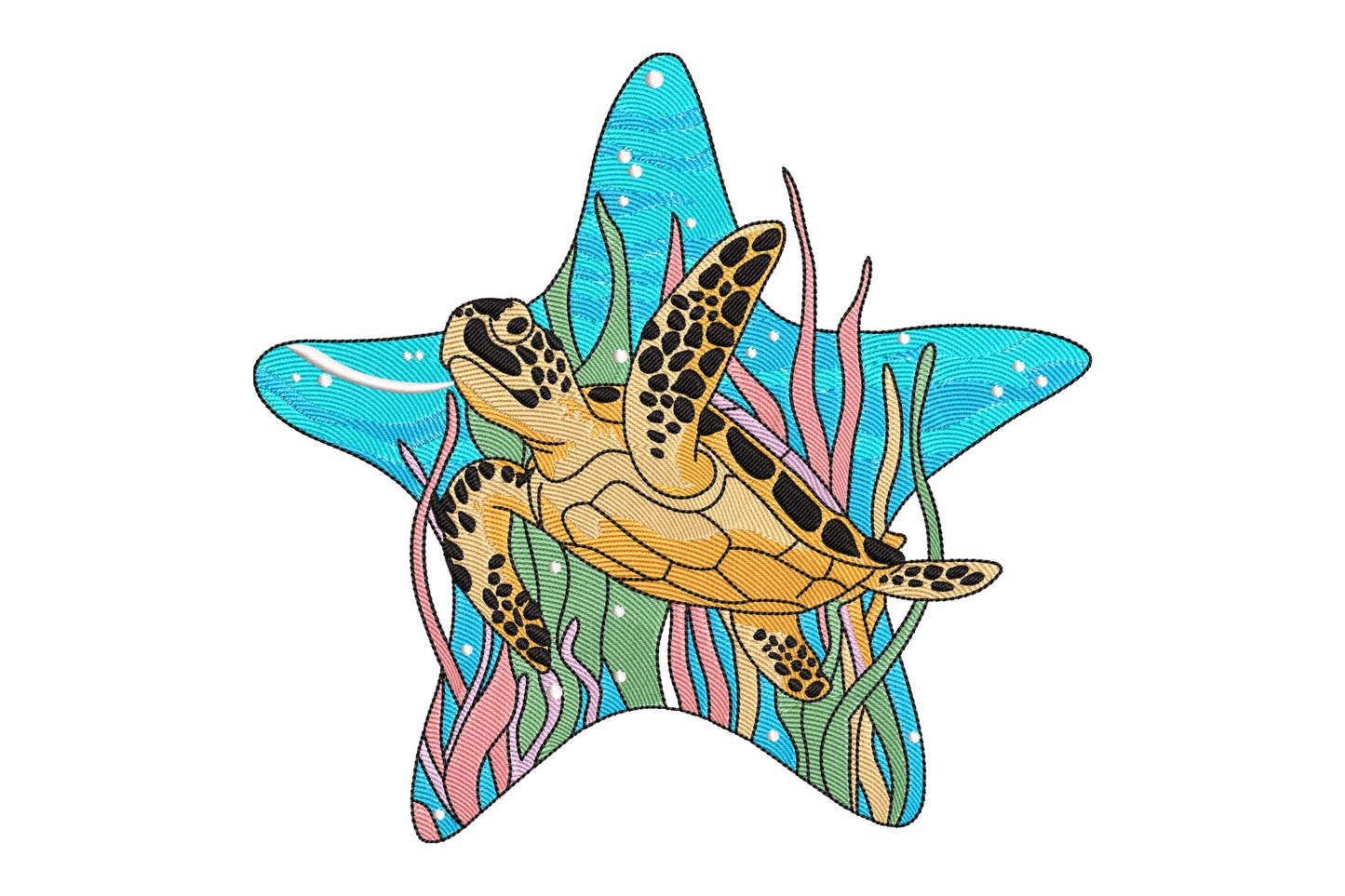Machine embroidery sea turtle design showing overhead swimming turtle with geometric shell plate structure, nine colour zones in olive green teal brown and cream, dense satin and fill stitches.