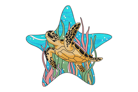 Machine embroidery sea turtle design showing overhead swimming turtle with geometric shell plate structure, nine colour zones in olive green teal brown and cream, dense satin and fill stitches.