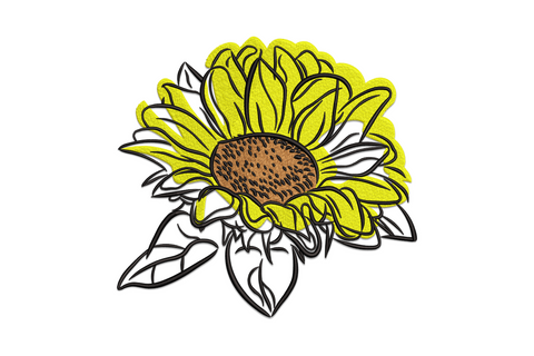 Sunflower embroidery design showing a full face-on bloom with bright yellow petals and deep chocolate brown centre disc on white background.