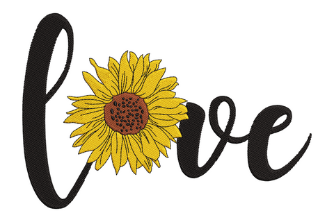 Sunflower love embroidery design with cursive script text, sunflower replacing the O in love, golden yellow petals and black lettering.