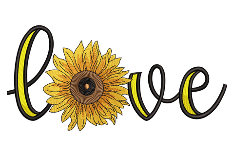 Sunflower love embroidery design with flowing black script lettering and a detailed golden sunflower replacing the letter O, 9 sizes.
