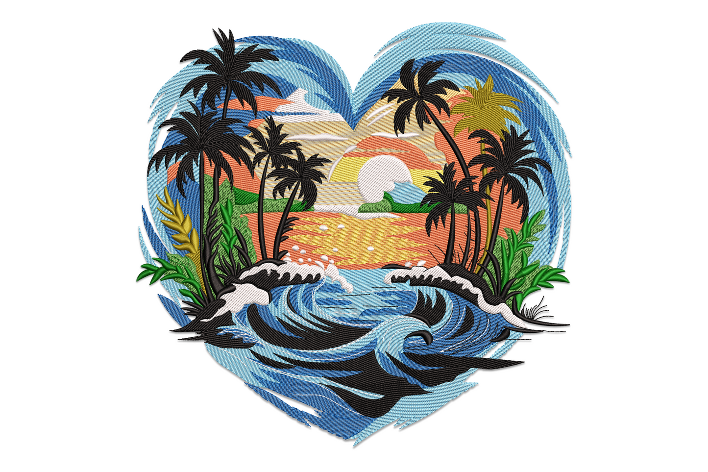 Heart-shaped tropical beach embroidery with palm trees, sunset sky in coral and peach, ocean waves in blue and white
