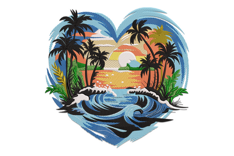 Heart-shaped tropical beach embroidery with palm trees, sunset sky in coral and peach, ocean waves in blue and white