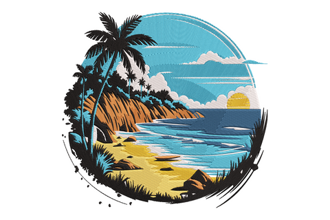 Tropical beach sunset embroidery design with amber sun, crimson and dusty pink sky gradient, sage palm silhouettes, and ocean reflection