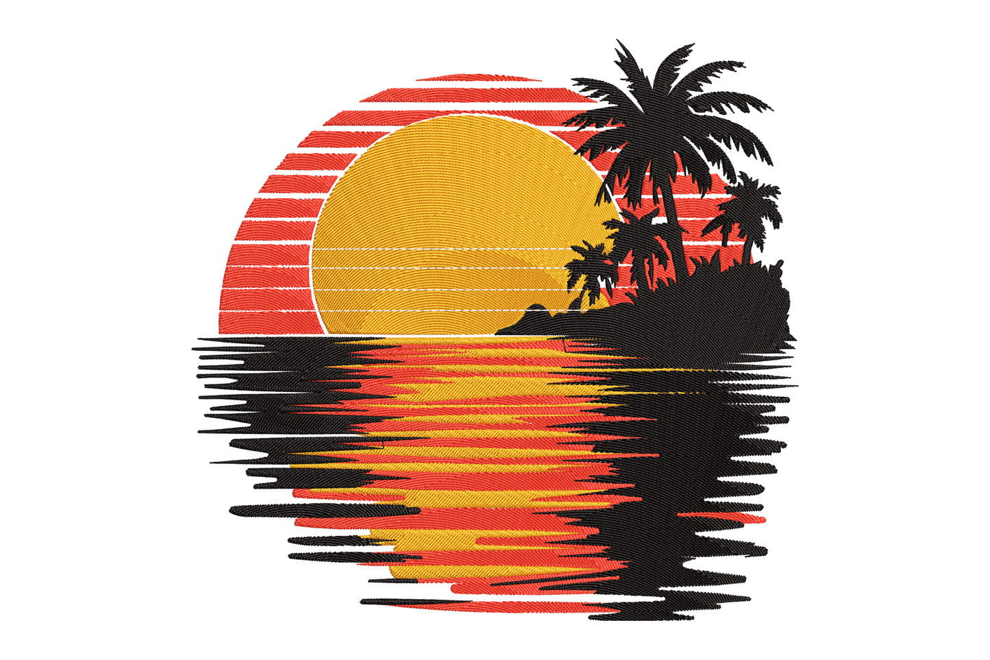Retro tropical sunset embroidery with a striped amber-red sun disc, black palm silhouettes and wavy water reflection.