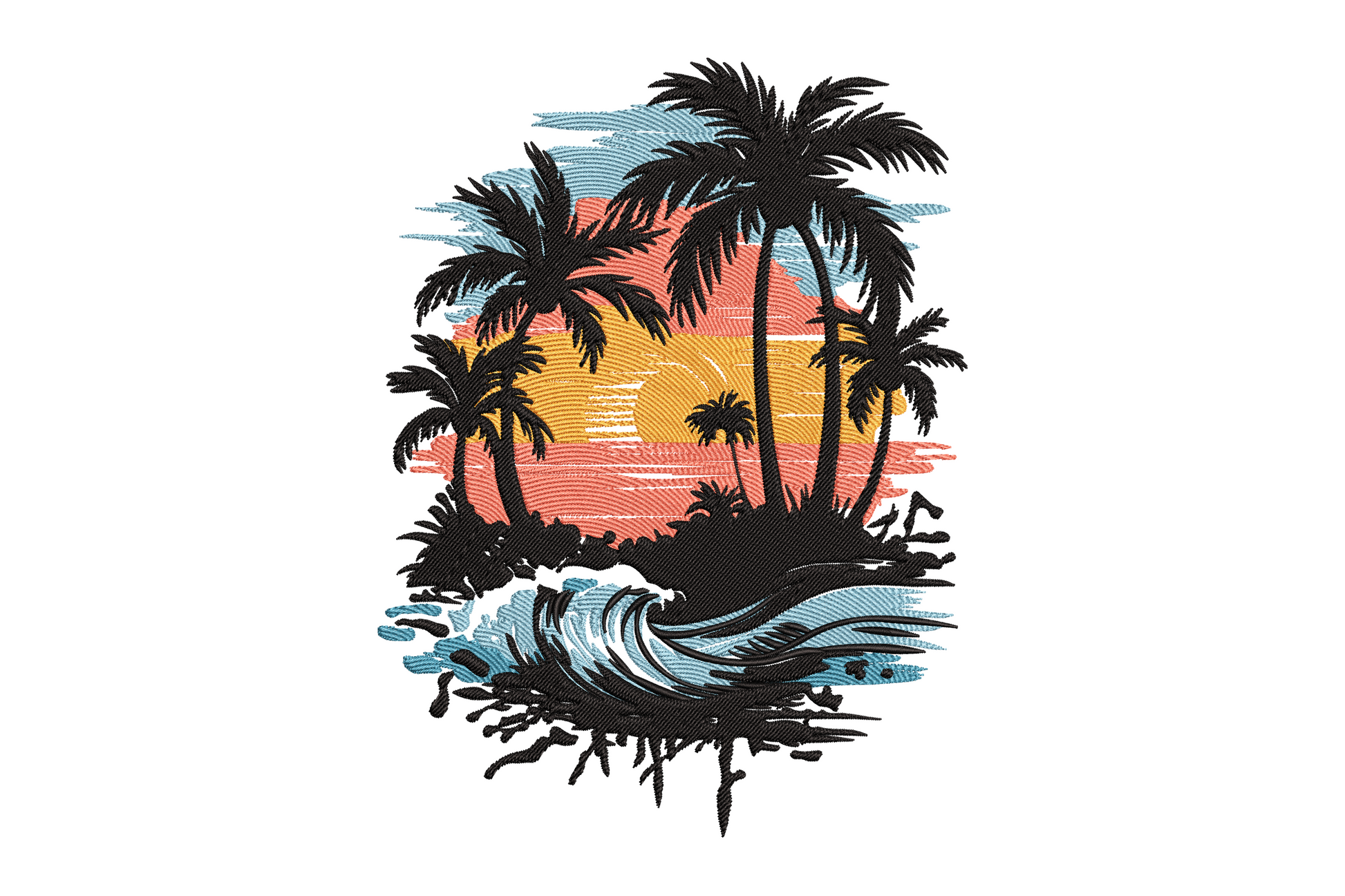 Machine embroidery tropical sunset design showing palm trees silhouetted against a layered orange coral and golden sky, dense satin and fill stitches, five colours, beach scene style.