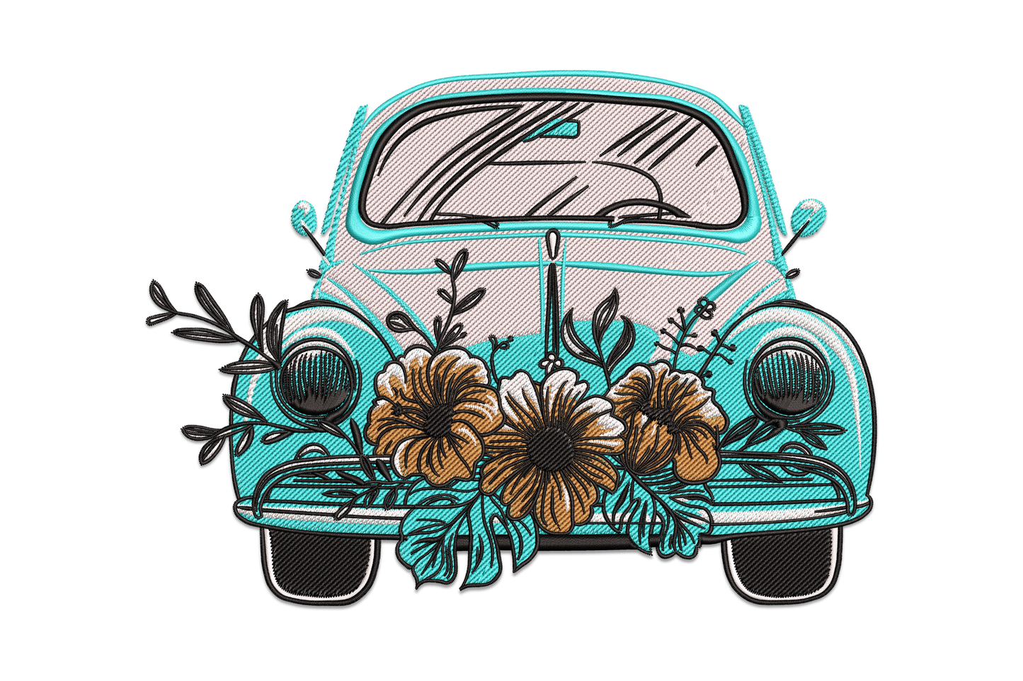 Vintage car embroidery design, aqua front-facing Beetle with floral bouquet over the hood, 5-colour machine embroidery.