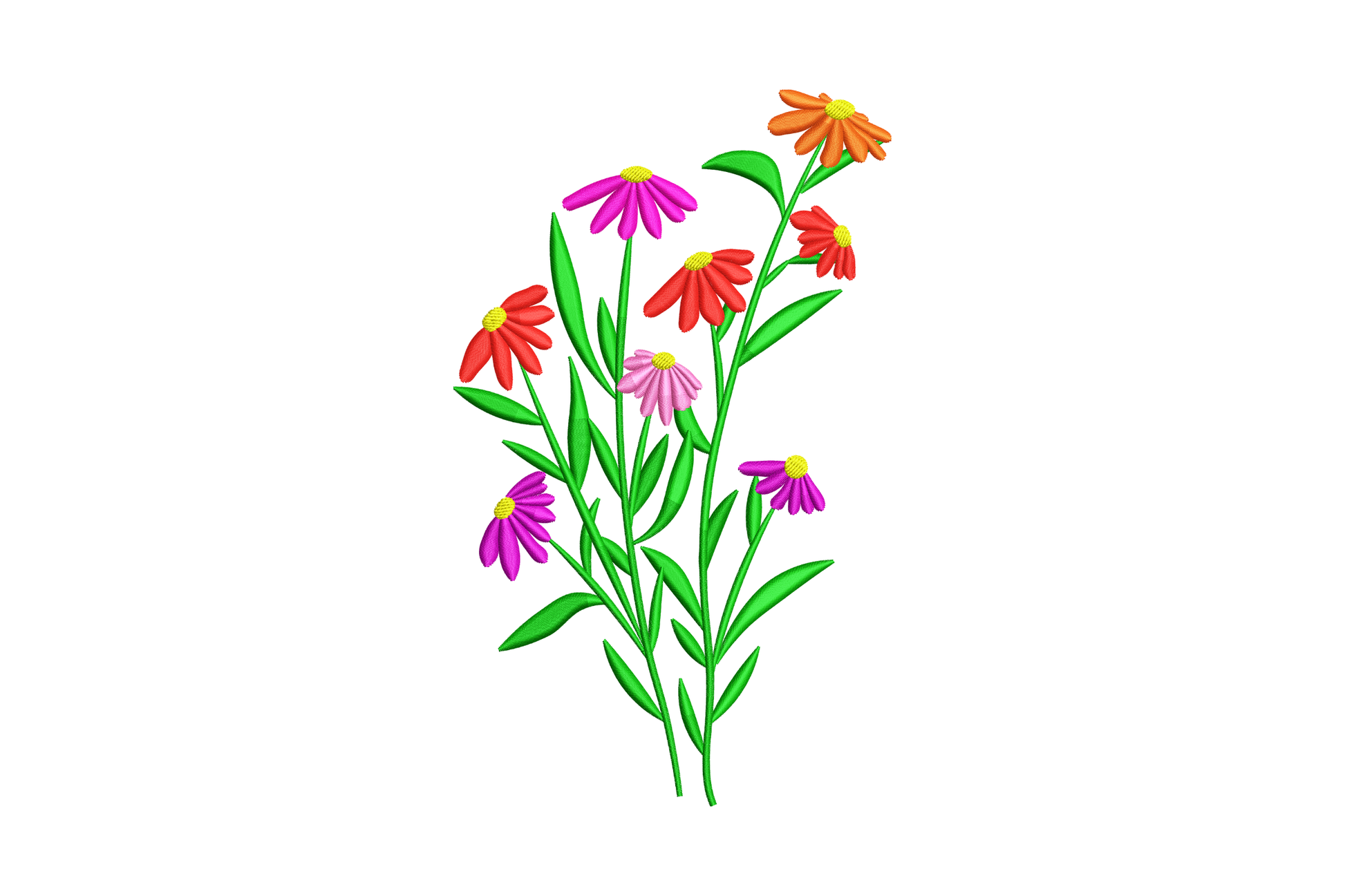 Wildflower bouquet embroidery design with 7 thread colours including dusty rose, sage green and soft lavender, 5 sizes from 3.5 to 7.5 inches wide for spring florals on shirts bags and linens