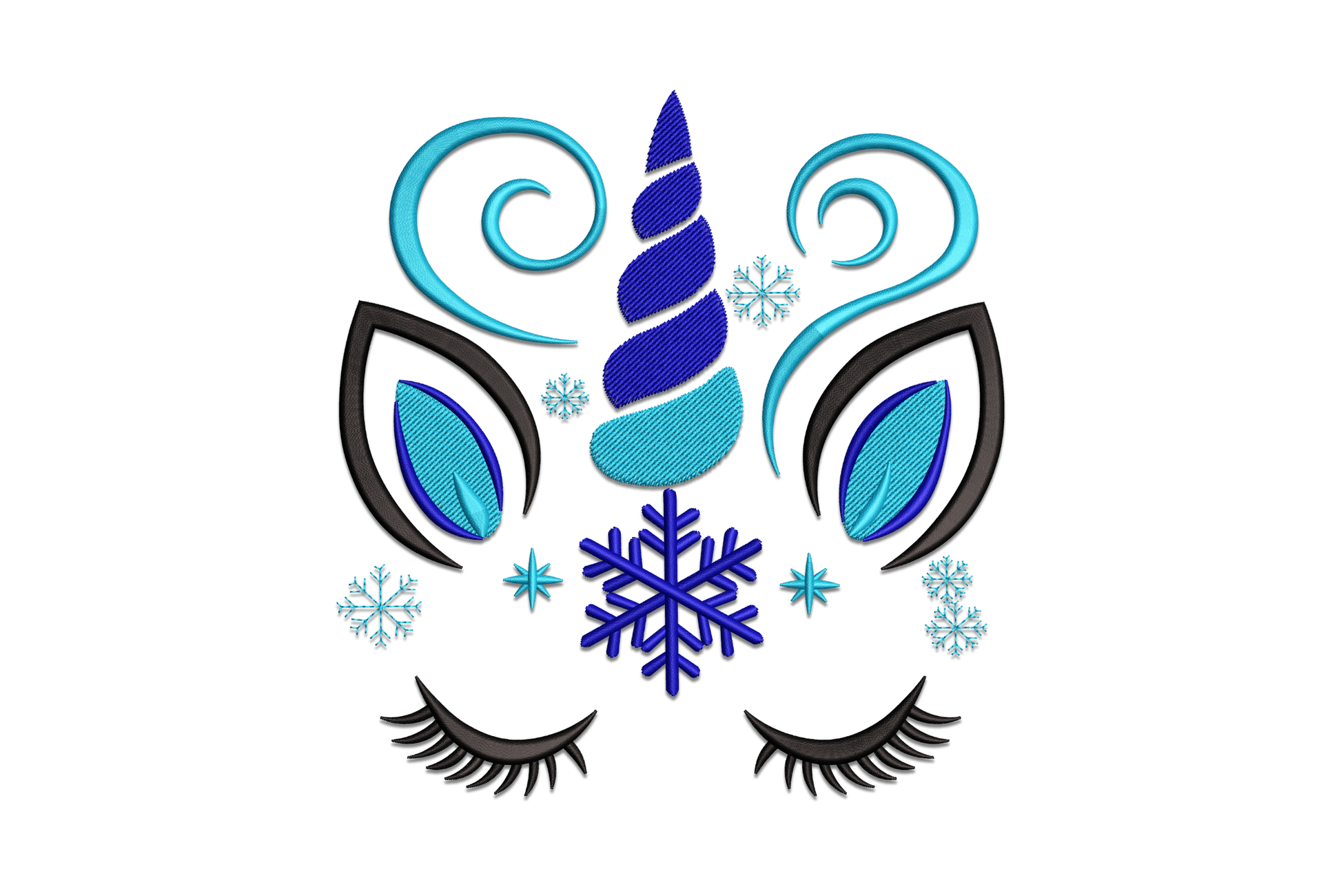Winter unicorn face embroidery design, closed lash eyes with teal fills, navy striped horn, cyan swirl brows and snowflakes