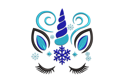 Winter unicorn face embroidery design, closed lash eyes with teal fills, navy striped horn, cyan swirl brows and snowflakes