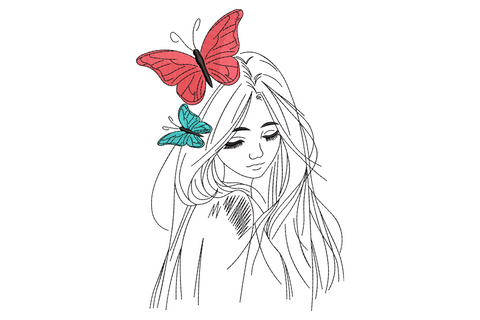 Line art girl portrait with red and aqua butterflies in flowing hair, 3-color fashion beauty embroidery, sketch style